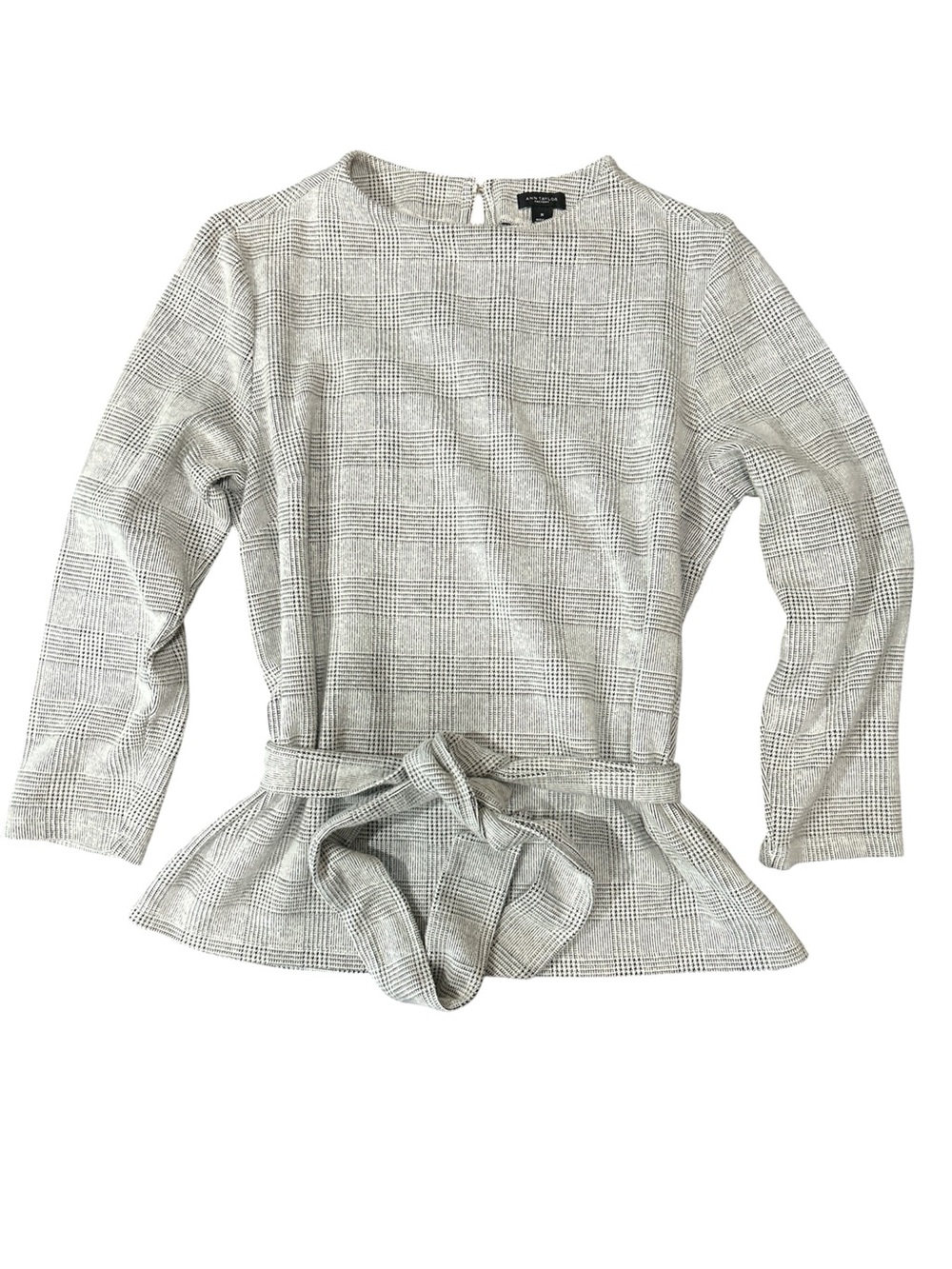 Ann Taylor Plaid Peplum Tie-Waist Top in Light Gray sz M